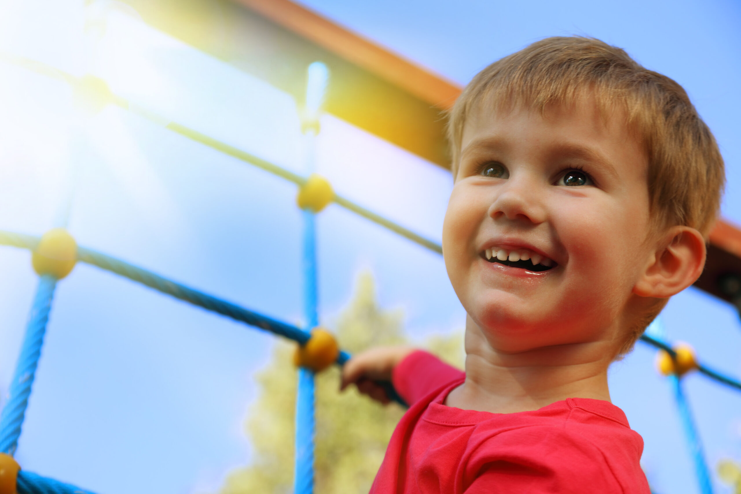 Little boy playing on monkey bars